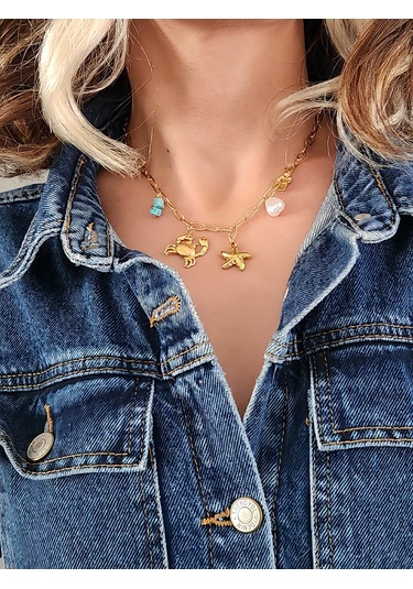 Yengeç İnci Firuze Taş Model Charmlı Yaz Beach Plaj Tatil Kolye 46cm Gold