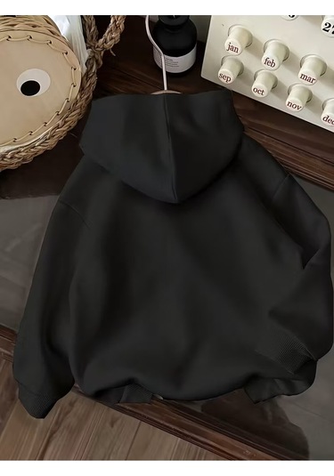 Kışlık Kapüşonlu Sweatshirt, Kiraz Leopar Baskılı Yeni SiYAH