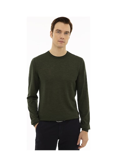 Cacharel Haki Slim Fit Bisiklet Yaka Basic Triko Kazak Yesıl