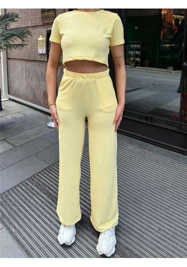 Sarı Modal Keten Desenli Bisiklet Yaka Takım Sarı