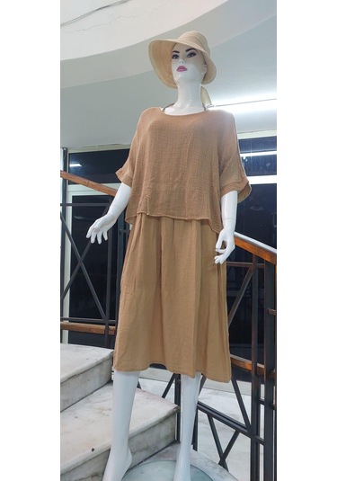 İtalyan Müslin Keteni Üstü File Bluzlu Astarlı Tek Parça Elbise Camel