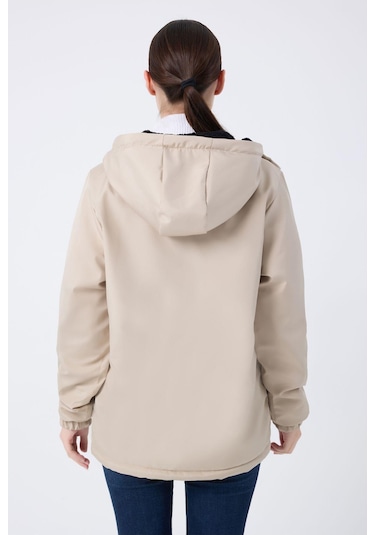 Kadın Kürklü Su Ve Rüzgar Geçirmez Kapüşonlu Kışlık Mont & Kaban & Parka Taş