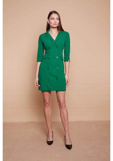 Yakalı Sırt Dekolteli Anvelop Likralı Kumaş Düğmeli Ceket Elbise -b.yeşil B.yeşili