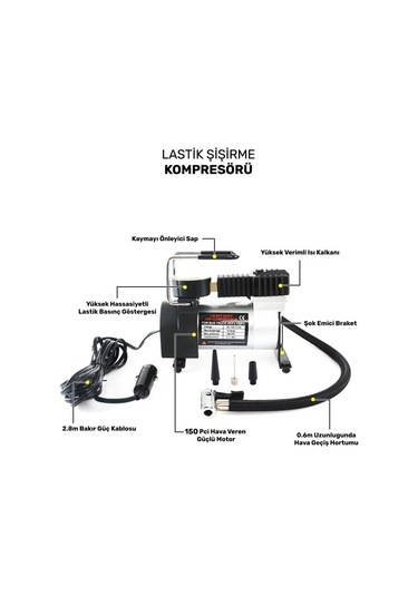 Araba Oto Araç Lastik Şişirme Pompası Metal Motorlu Kompresör 150 Psi Çakmaklık Girişli Kompresör