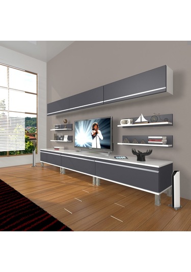 Decoraktiv Eko 8y Mdf Krom Ayaklı Tv Ünitesi Tv Sehpası Beyaz - Antrasit