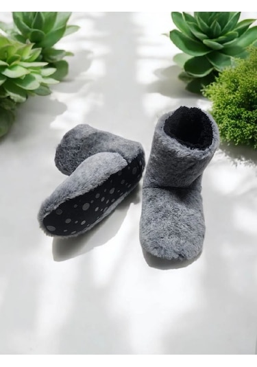 Yumuşak Kaymaz Taban Sessiz Hafif Peluş Panduf Ev Bot Gri