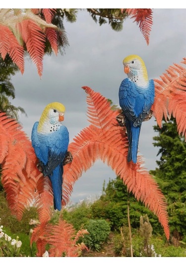 2 Adet Mavi El Boyaması Muhabbet Kuşu Duvar Balkon Bahçe Süsü