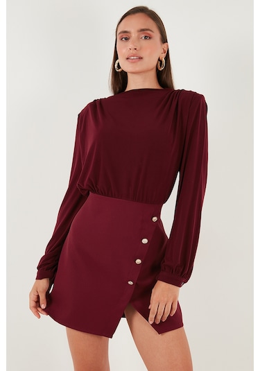 Lela Vatkalı Regular Fit Yırtmaç Detaylı Dik Yaka Mini Boy Bayan Elbise 611El751 Bordo