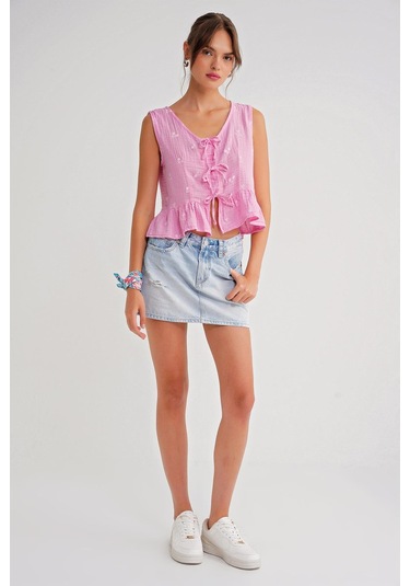 4724 Kadın Çicek Desenli Bağlamalı Müslin Bluz Pembe Pembe