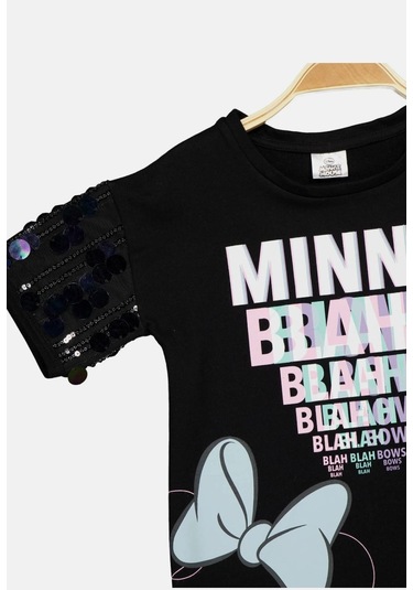 Minnie Mouse Lisanslı Siyah Pullu Kol Şık Elbise Mn17666 Siyah