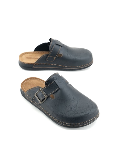 Gezer Erkek İç Taban Hakiki Deri Tek Toka Ayarlanabilir Ev Bahçe Günlük Terlik Siyah