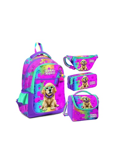 Coral High Mor Pembe Köpek Desenli Kız Çocuk Okul Beslenme Kalemlik Ve Bel Çantası Seti - İlkokul İçin Uygun