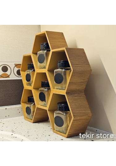 6'lı Baharatlık Takımı Ahşap Bambu Eskitme Standlı Petek Model Bambu