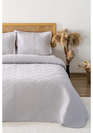 Edda Gri Nakışlı Çift Kişilik Yatak Örtüsü Takımı 3 Parça Uyku Seti Gri