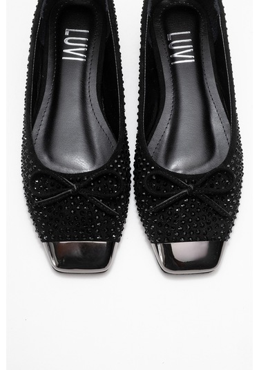 Abra Siyah Süet Taşlı Fiyonklu Kadın Babet Ayakkabı Siyah Süet