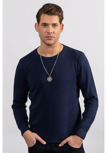 Tudors Slim Fit Dar Kesim Bisiklet Yaka Petek Desenli Erkek Kazak-23477 Lacivert