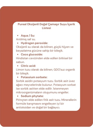 Pureal Oksijenli Doğal Çamaşır Suyu 1 Lt Tekli