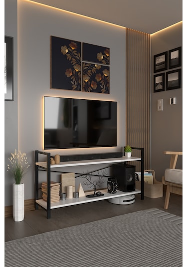 Exen Tv Ünitesi Dekoratif 2 Raflı Metal Ayaklı Tv Sehpası Beyaz