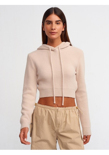 Dilvin Yumuşak Dokulu Kapşonlu Crop Kazak Bej