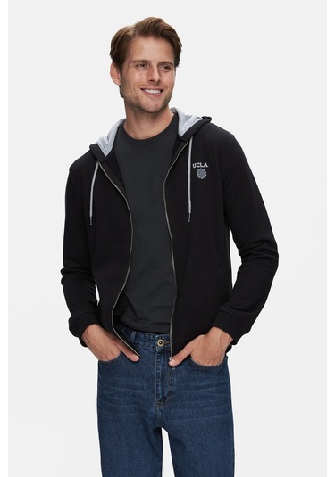 Ucla Hılgard Siyah Kapüşonlu Ve Fermuarlı Baskılı Standard Fit Erkek Sweatshirt Siyah