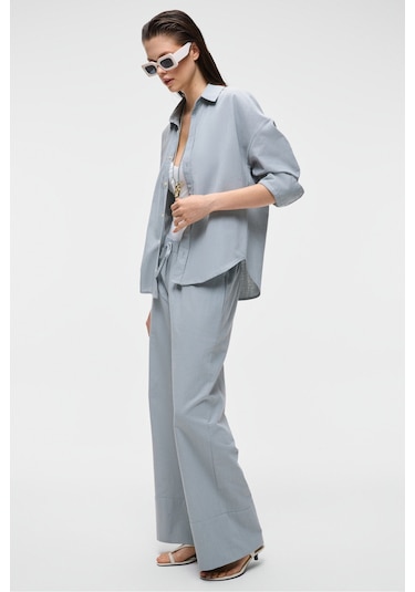 VESTA Kadın %100 Pamuk Keten Görünümlü Flamlı Oversize Gri Gömlek