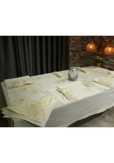 Fransız Dantelli El İşi Menekşe 34 Parça Amerikan Servis Seti Krem Krem