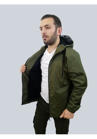 Erkek Kapüşonlu File Detaylı Haki Yağmurluk Haki