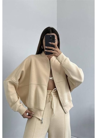 Neşeli Butik Kadın Penye 3 İplik Şardonlu Kumaş Eşofman Takım Gts022 - Bej Bej