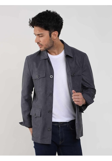 Dufy Gri Erkek Regular Fit Düz Klasik Yaka Süet Mont - 105399-Gri