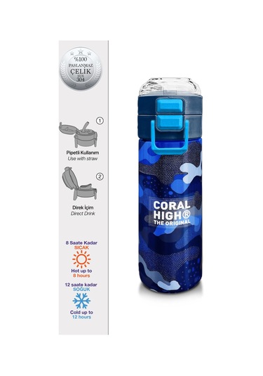 Coral High Kids Lacivert Saks Kamuflaj Desenli Pipetli Ve Direkt İçim Çelik Termos 500 Ml 31889 Saks Mavi