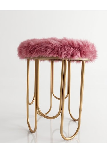 Destan Beyaz Peluş Kumaş Metal Puf Gold