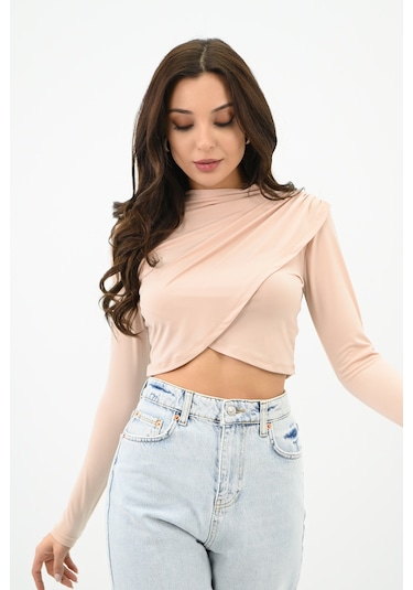 Kadın Dik Yaka Drapeli Kapaklı Crop Bluz 1655-24 001