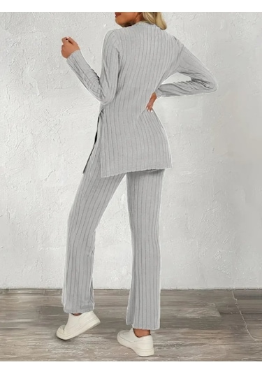 Evyora Kadın Uzun Kollu Bisiklet Yaka Yandan Yırtmaçlı Şardonlu Kaşkorse Bluz Ve Pantolon Ikili Takım Gri Evyora Kadın Uzun Kollu Bisiklet Yaka Yandan Yırtmaçlı Şardonlu Kaşkorse Bluz Ve Pantolon Ikili Takım Gri