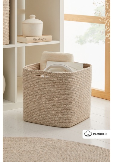 Ocean Home Textile Bej Kırçıllı Pamuklu Sepet 30 x 30 x 30 cm