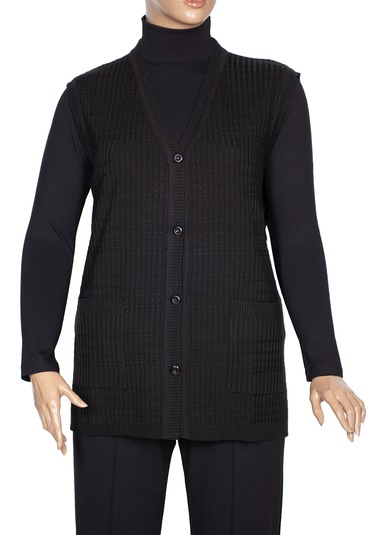 Hesna Kadın Nazan Büyük Beden Triko Düğmeli Cepli Siyah Yelek Siyah