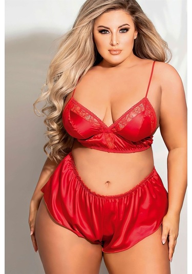 Nightlight Büyük Beden Saten Takım Kırmızı | 3350-1 Kırmızı