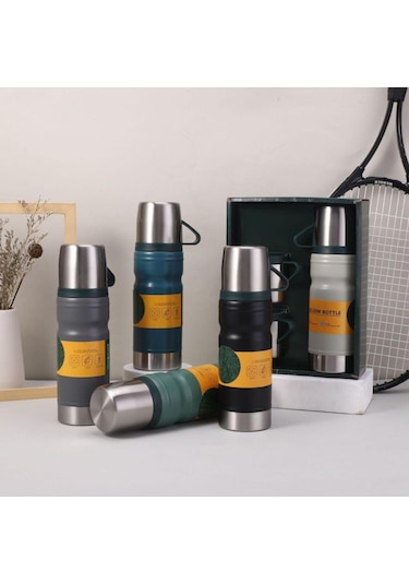 Thermohis 6158 Çelik Termos 3 Bardaklı Set Siyah