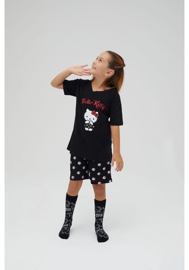 Hello Kitty Kız Çocuk Kollu Şortlu Pamuklu Pijama Takımı Renklı