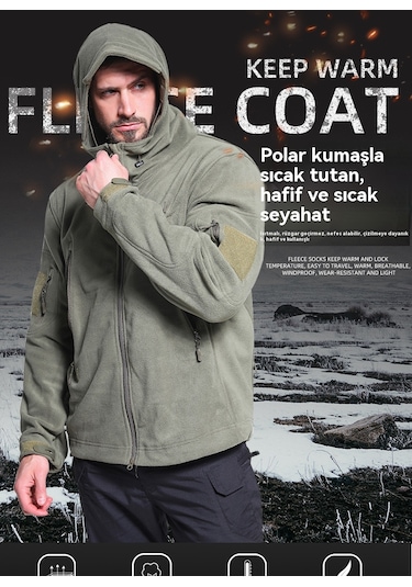 Erkek Sonbahar/kış Polar Astarlı Kapüşonlu Sıcak Kalın Polar Ceket Gri