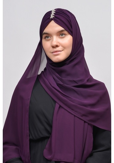 Altobeh Zarif Taşlı Drapeli Hazır Pratik Şifon Kadın Tesettür Şal - Koyu Mürdüm