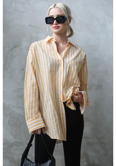 Madmext Sarı Çizgili Oversize Kadın Gömlek Mg1688-sarı Sarı