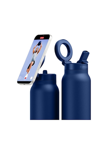 Ringo Pro Manyetik Telefon Tutuculu Termal Paslanmaz Çelik Su Şişesi Pipetli Kapak 24 Oz / 710 Ml Mavi