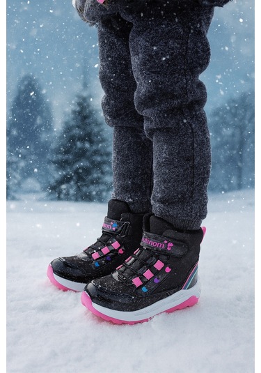 Kız Çoçuk Sim Detaylı Kışlık Kaymaz Taban Su Geçirmez Cırt Cırtlı Yarım Bot Siyah - Fuşya
