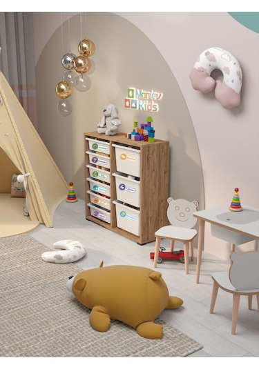 Beyza 9 Sepet Stickerlı Çok Amaçlı Dolap Oyuncak Dolabı Çam Atlantik Çam