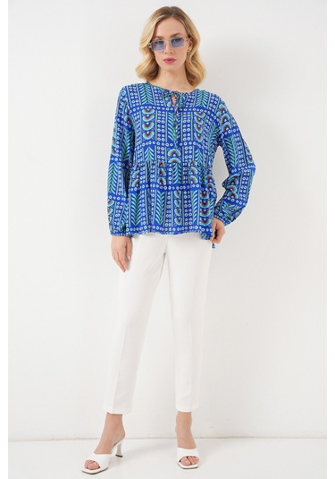 Kadın Desenli Uzun Kol Bluz 970 - Saks Saks