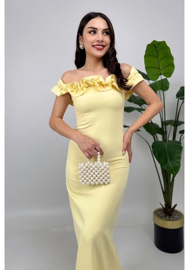 Arlina Madonna Yaka Göğüs Büzgülü Uzun Sarı Abiye Elbise Sarı