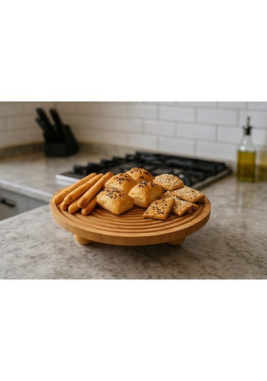Bambu Dekoratif Top Ayaklı Yuvarlak Sunum Tabağı, Servis Tabağı, 28 X 28 Cm 1 Adet