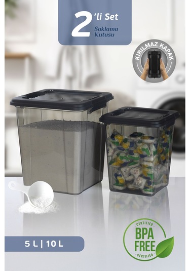 2'li Set 5-10l Kilit Kapak Saklama Kutusu Deterjanlık - Un Bakliyat Erzak Saklama Kabı Organizer Box Siyah