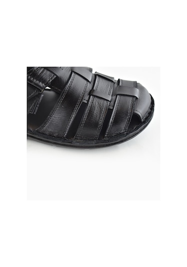 Ayakkabiburada 033 Topuk Jelli Hakiki Deri Erkek Sandalet Ayakkabı Siyah