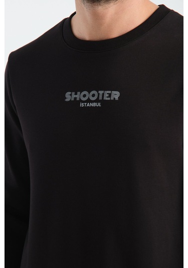 Shooter Sportswear Erkek Deluxe Sweatshirt Ekru Baskı Detaylı Standart Kalıp Siyah